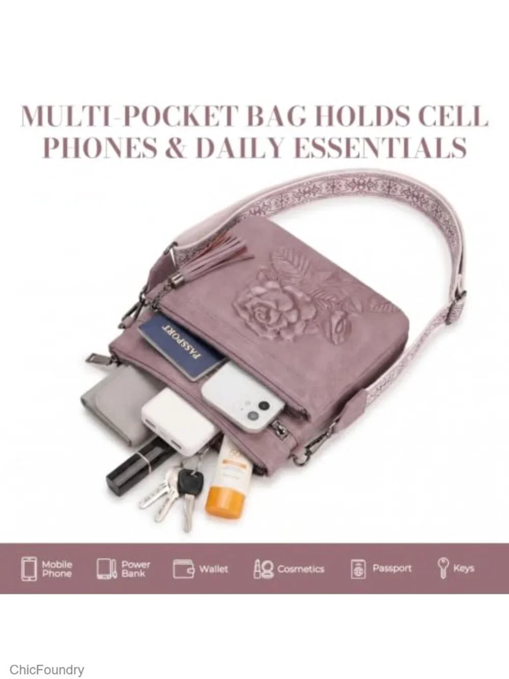 Vegan Leather Crossbody Bag Women Floral Embossed Purse